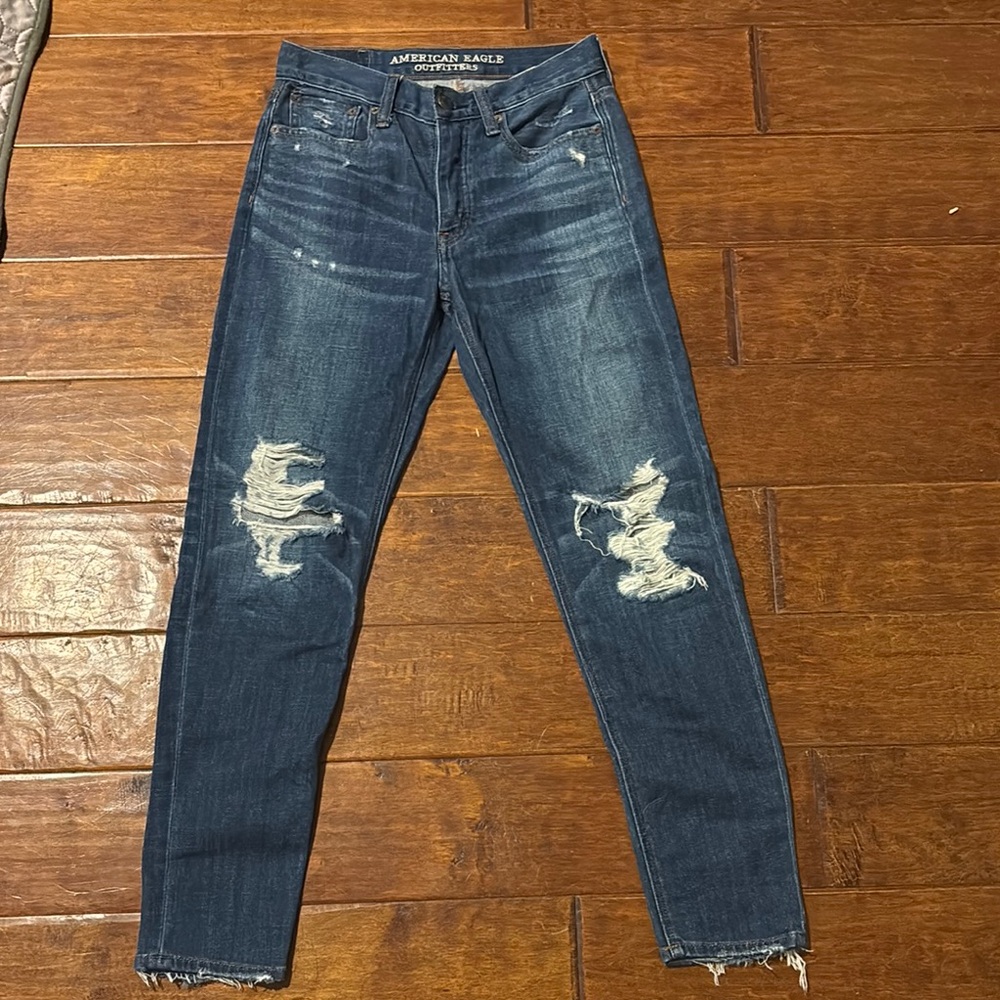 American Eagle Outfitters Blue Skinny Jeans with Distressed Details